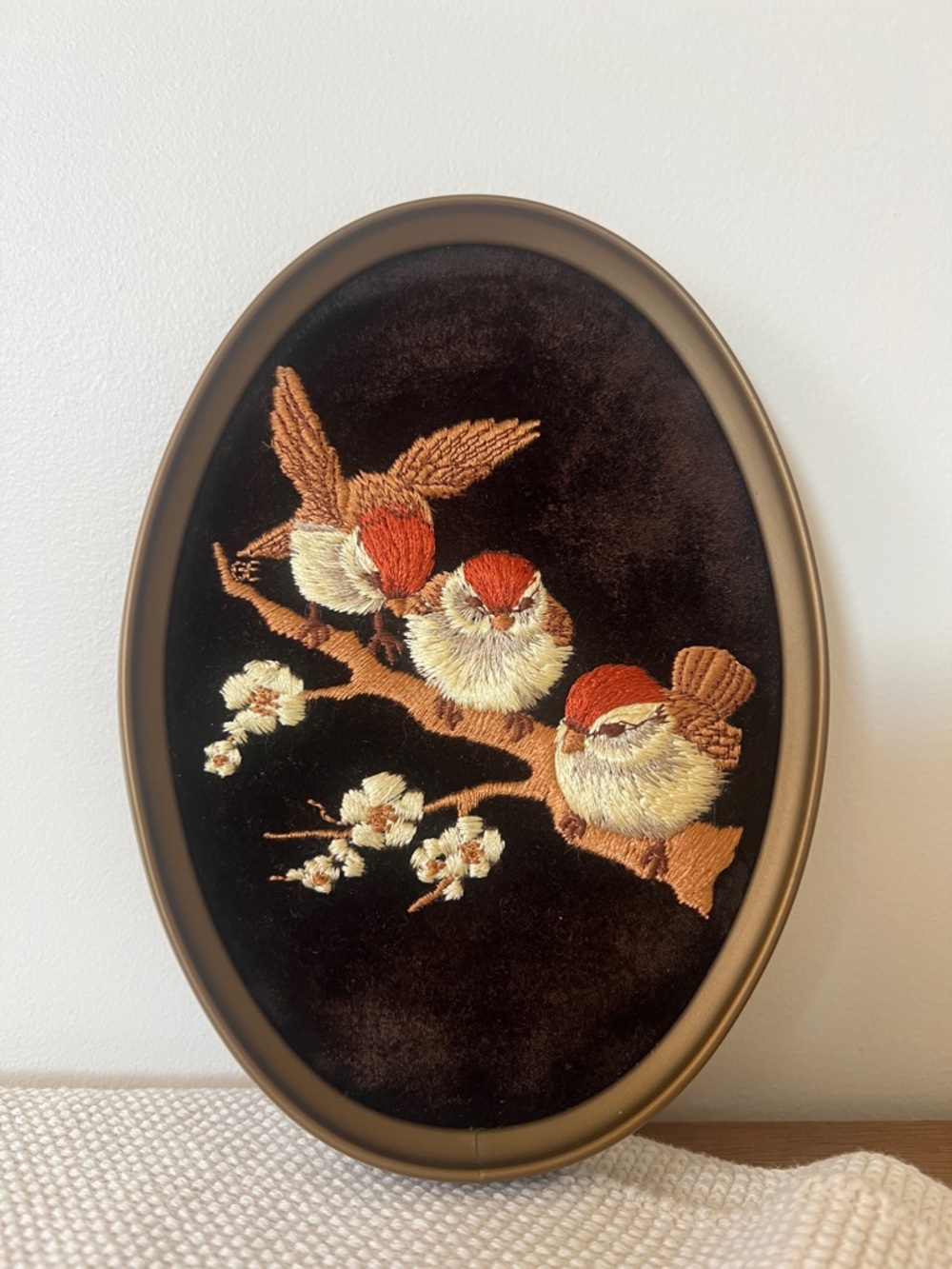 1979 Vintage Enesco Handcrafted
Framed Needlepoint Birds on Branch Art